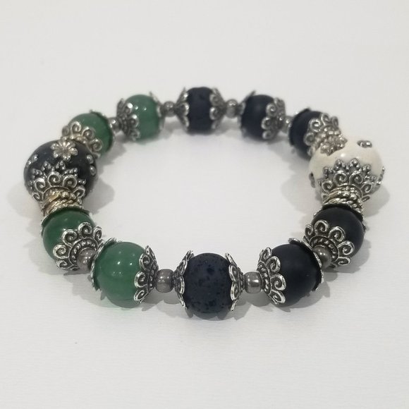 Feel Good™ - 8” Elastic Essential Oil Bracelet - Green Jade-Lava Rock-Matte Onyx - Picture 2 of 8